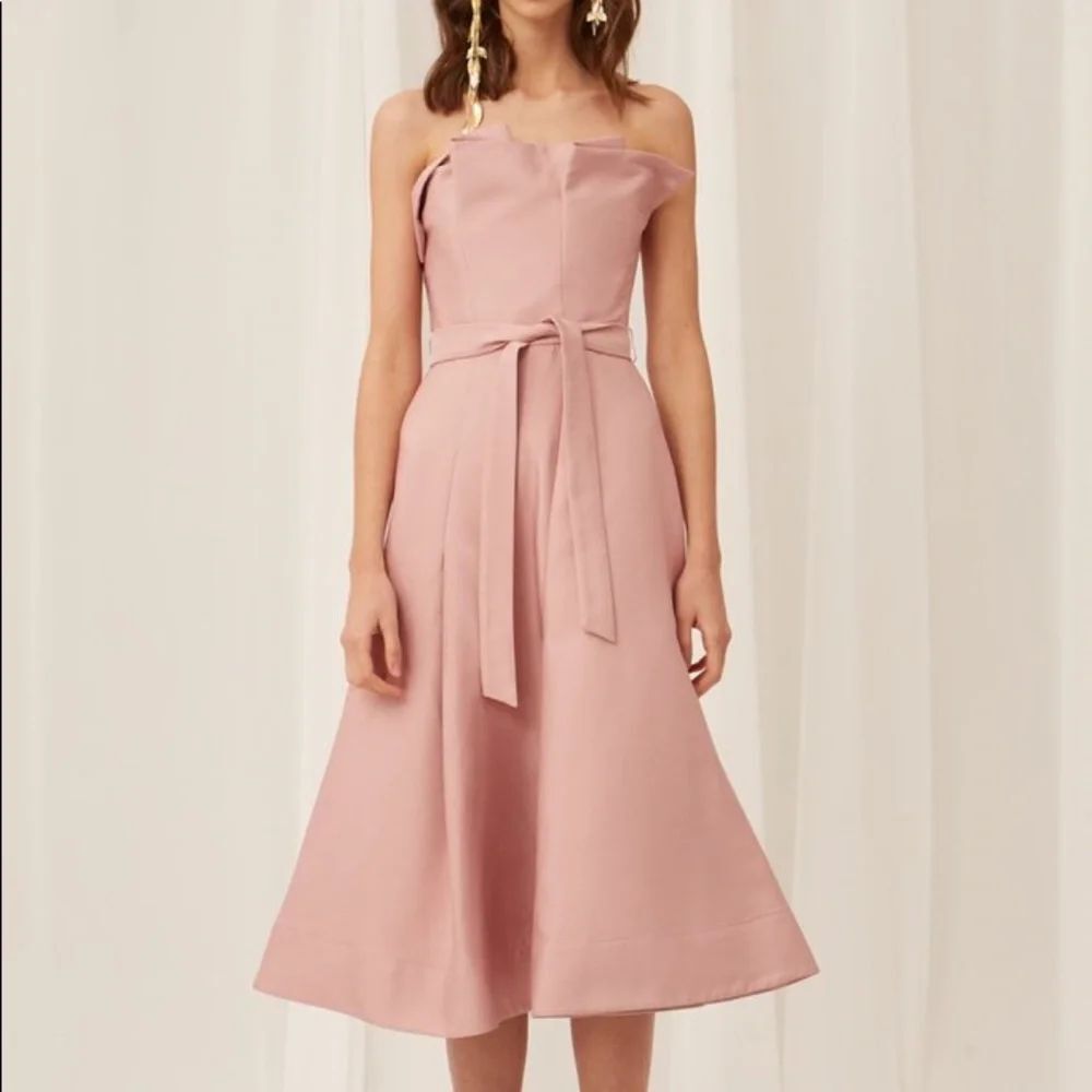NWT KEEPSAKE The Label Pink Rose Strapless Pleated Tea Length Dress with Bodice